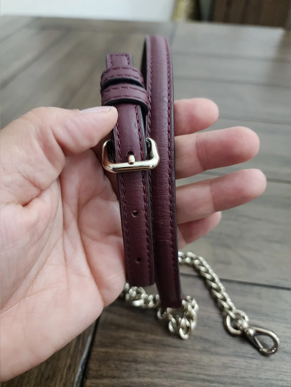 Burgundy Leather Crossbody Strap with Gold Chain 44in Longest